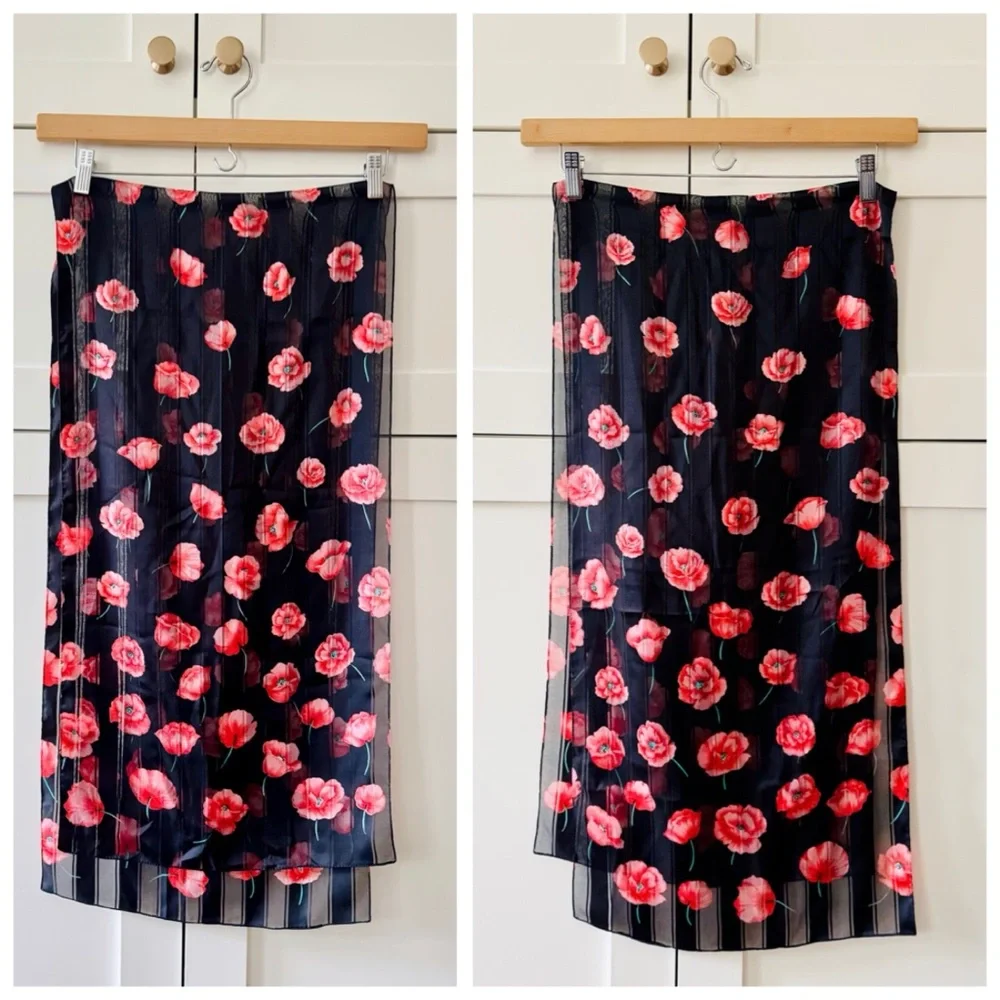Vintage BUNDLE (2) Floating Floral Poppies & Roses Printed Scarf Wraps,